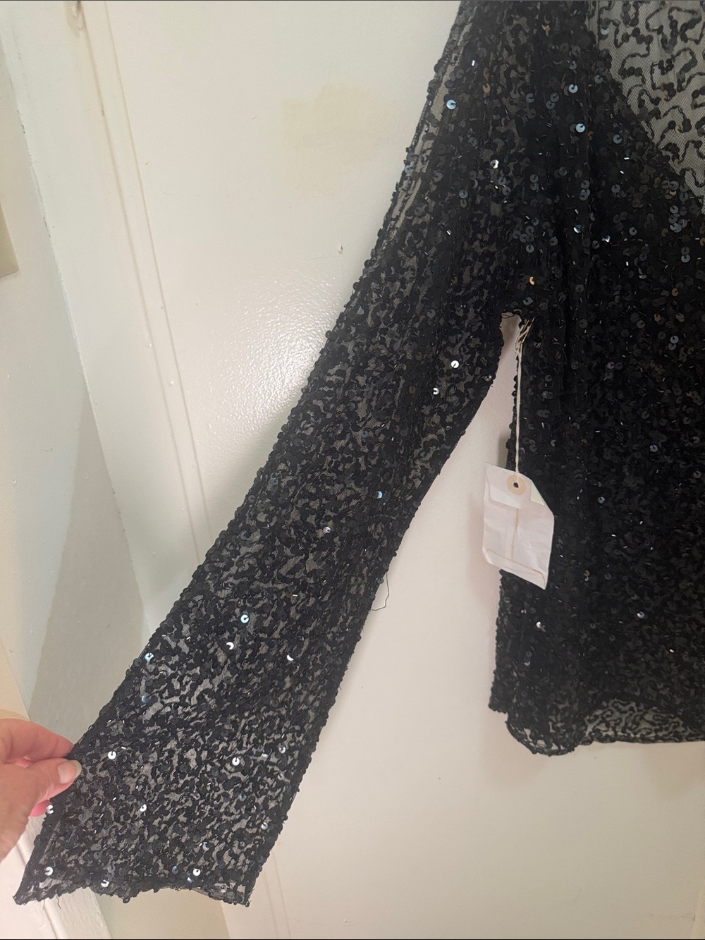 Moda International Black Sequin Sheer Long Sleeve Top with Keyhole Tie - Picture 2 of 4